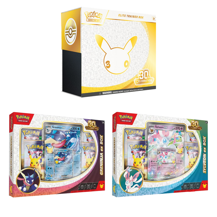 Pokémon 30th Boss Level Bundle — ETB + Greninja + Sylveon showing all included products