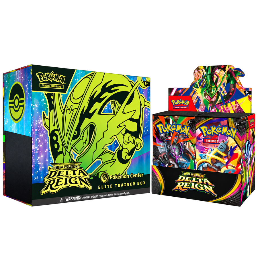 Delta Reign Pokémon Center Elite Trainer Box and 36-pack booster display together, 47 booster packs total