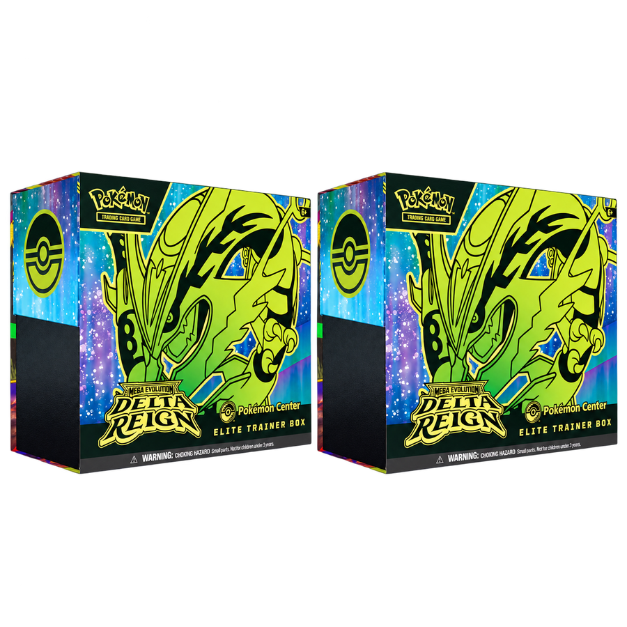 Two sealed Delta Reign Pokémon Center Elite Trainer Boxes together, 22 booster packs total