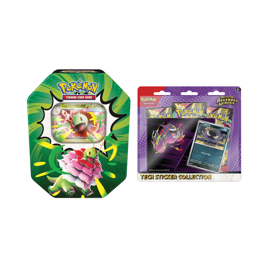 One sealed Mega Meganium ex Tin and one sealed Gastly Tech Sticker Collection in the seven-pack FlexVibe Ascended Heroes combination