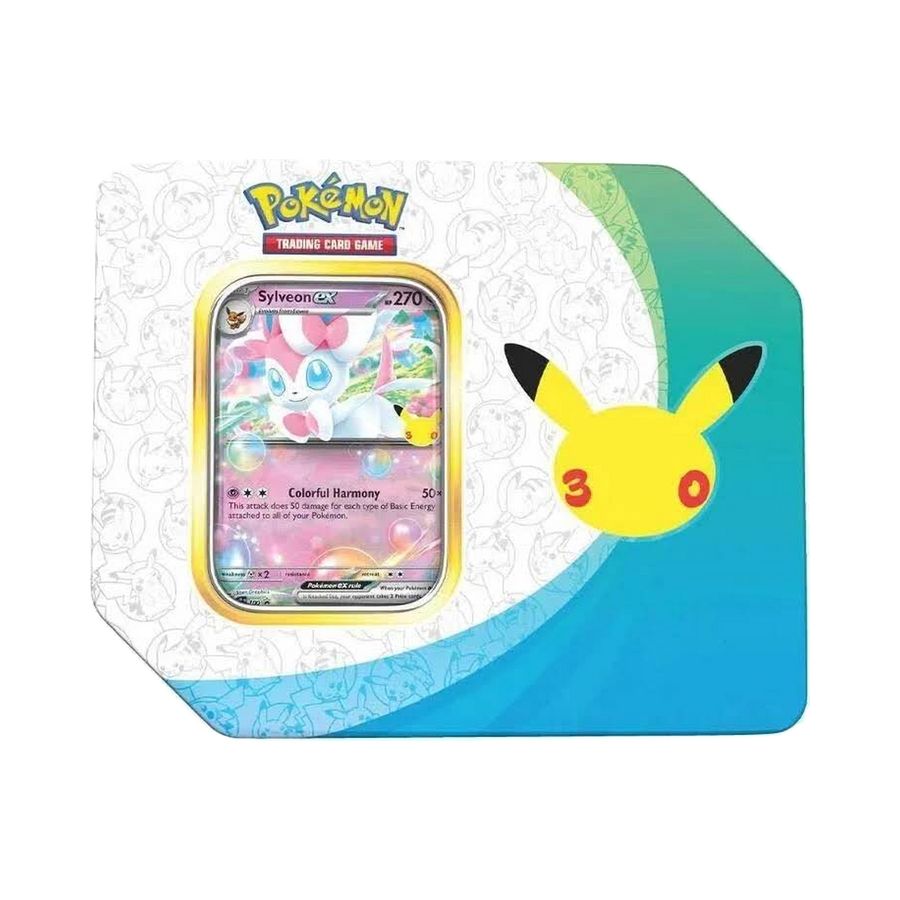 Pokémon TCG: 30th Celebration Tin — Sylveon ex — full product on transparent background