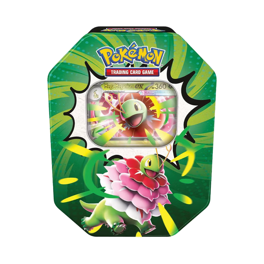 Pokémon TCG: Mega Evolution—Ascended Heroes Tin — Mega Meganium ex — full product on transparent background