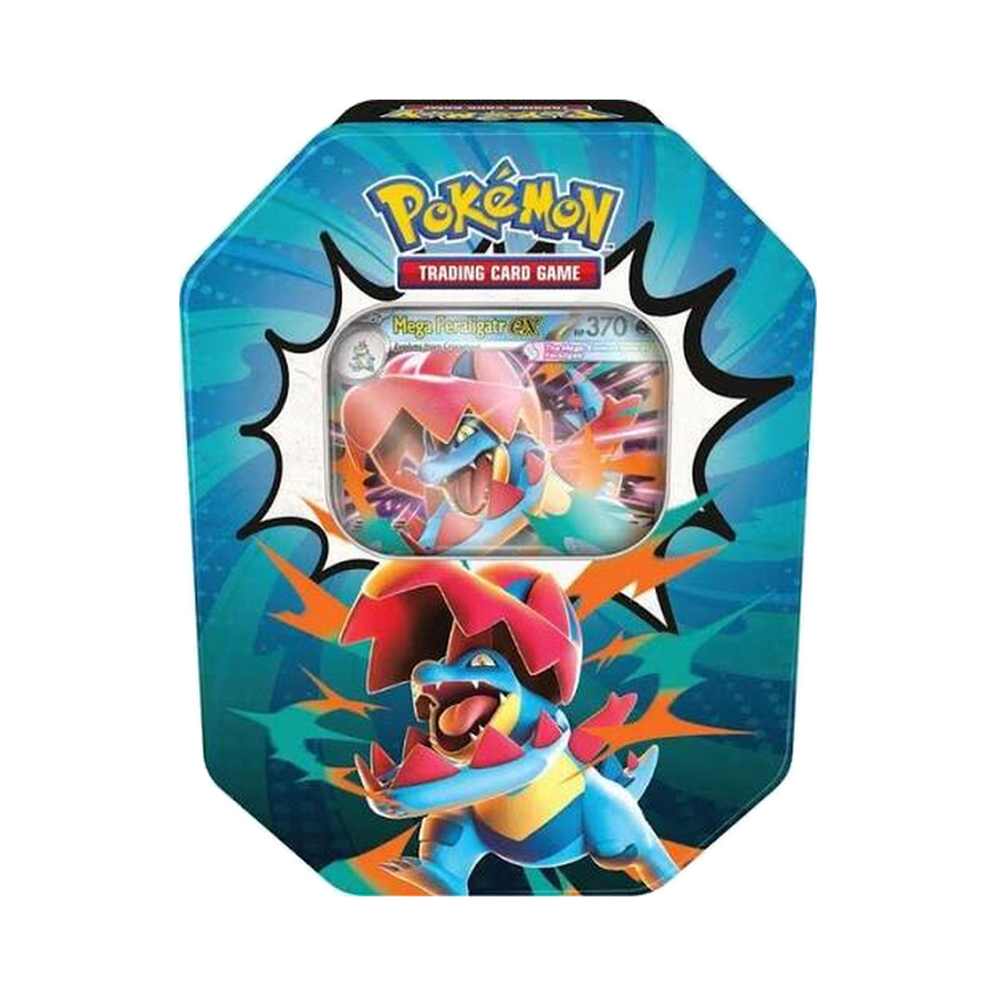 Pokémon TCG: Mega Evolution—Ascended Heroes Tin — Mega Feraligatr ex — full product on transparent background