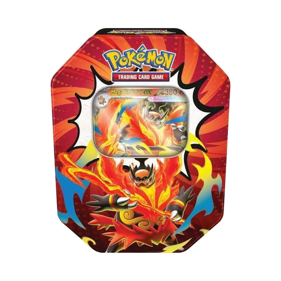 Pokémon TCG: Mega Evolution—Ascended Heroes Tin — Mega Emboar ex — full product on transparent background