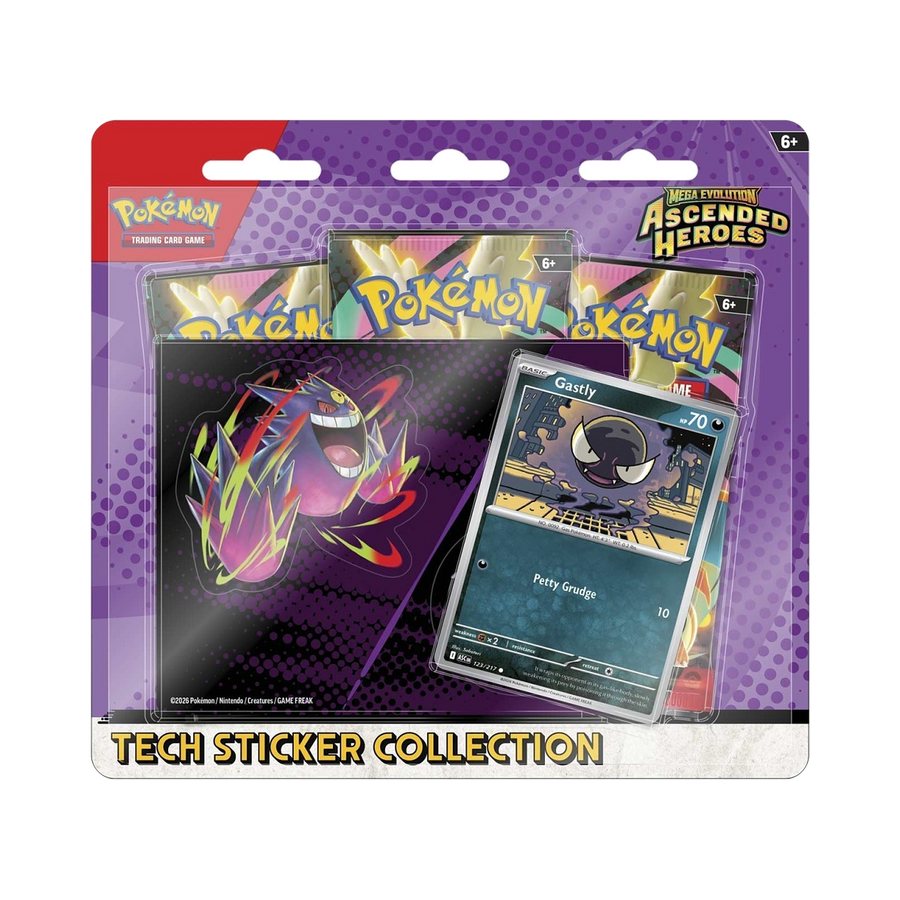 Pokémon TCG: Mega Evolution—Ascended Heroes Tech Sticker Collection — Gastly — full product on transparent background