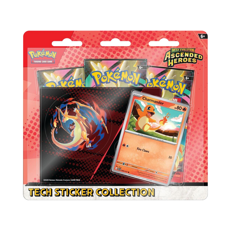 Pokémon TCG: Mega Evolution—Ascended Heroes Tech Sticker Collection — Charmander — full product on transparent background