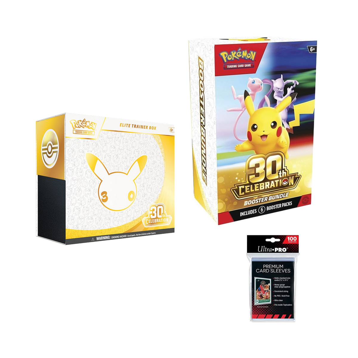 Pokémon TCG: 30th Celebration Trainer Opening Kit — ETB + Booster Bundle + 100 Sleeves (15 Packs)