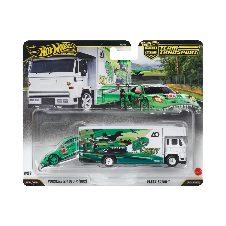 Hot Wheels Team Transport #97 – Rexy Porsche 911 GT3 R (992) & Fleet Flyer in retail packaging
