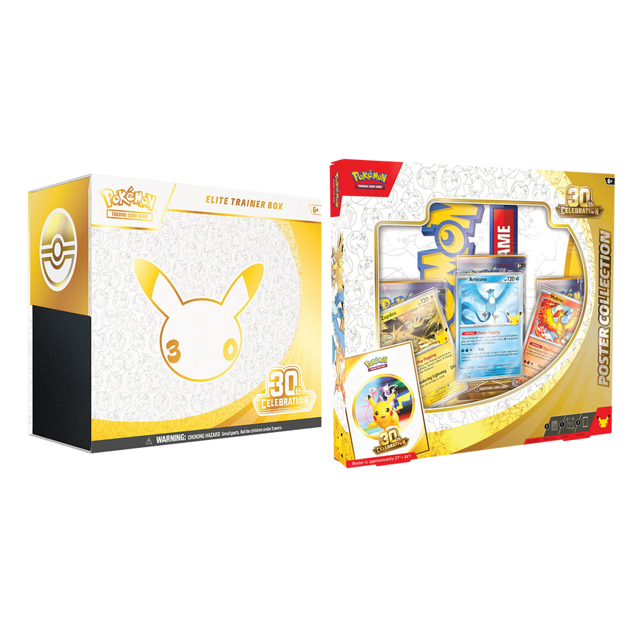 Pokémon 30th Celebration Party Bundle — ETB + Poster showing all included products