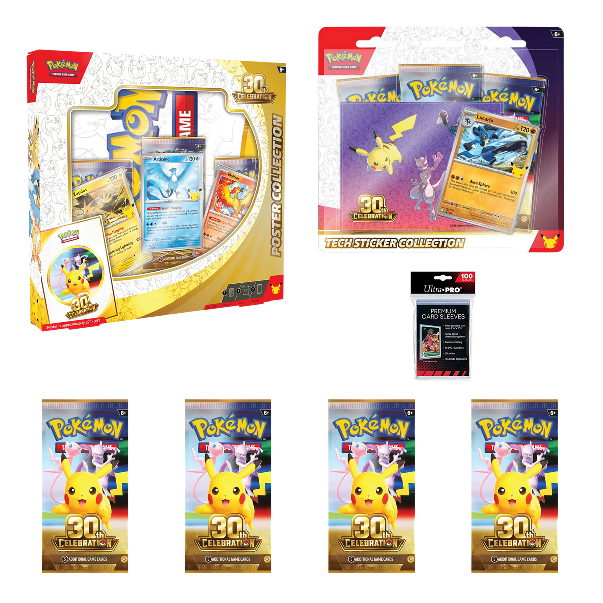 Pokémon TCG: 30th Celebration Collector Quest Bundle — Poster + Lucario + 4 Booster Packs + 100 Sleeves