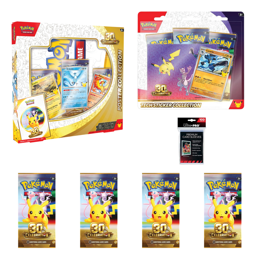 Pokémon 30th Collector Quest Bundle — Poster + Lucario + Packs + Sleeves showing all included products